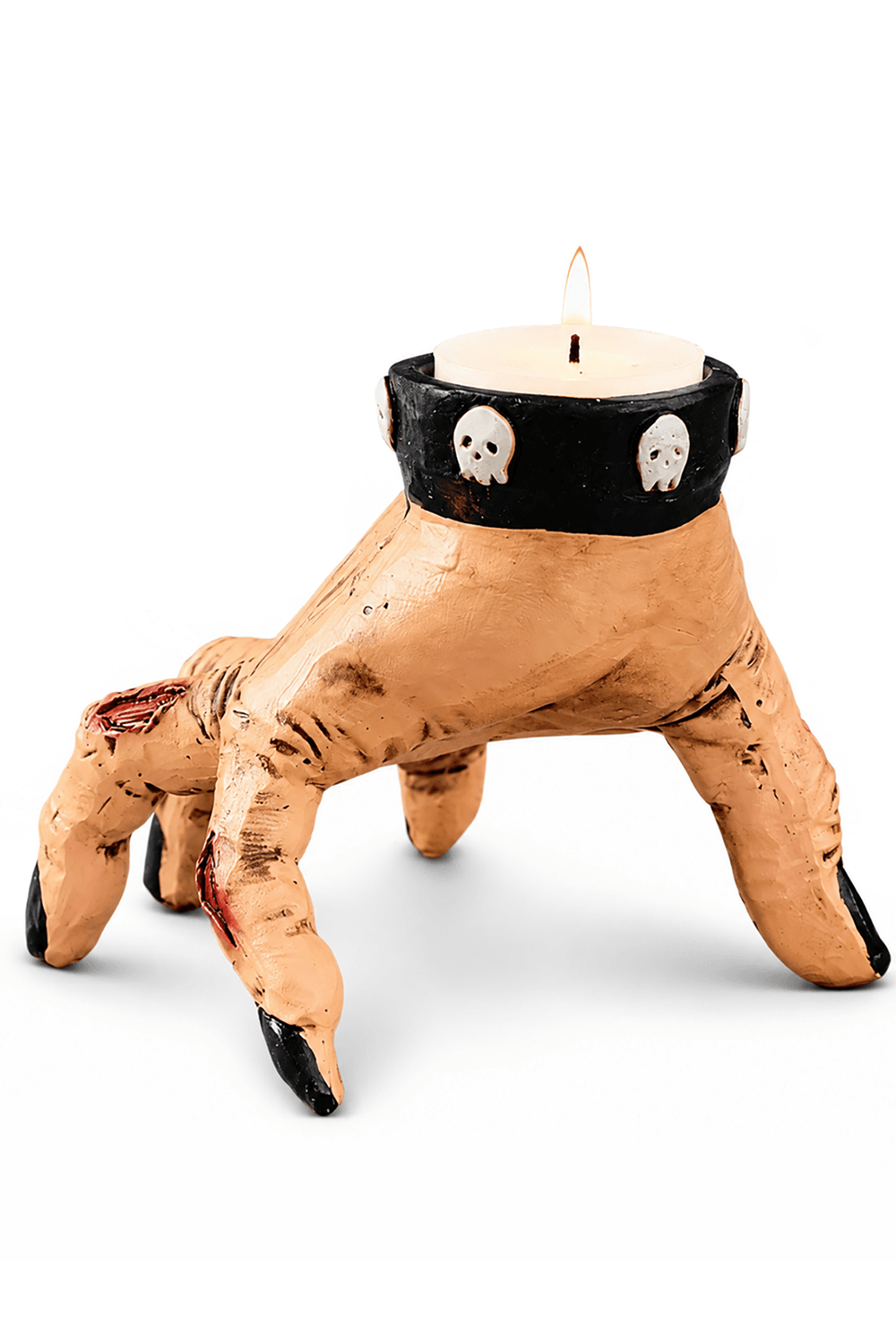 Zombie Hand Candle Holder with Gothic Skull Cuff for eerie Halloween decor and spooky altar styling.