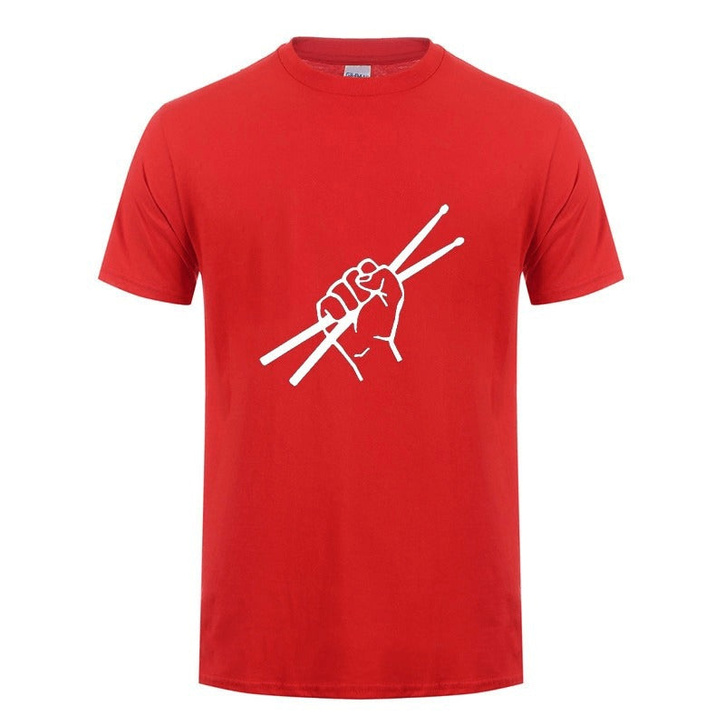 Red drummer t-shirt with a white graphic of a hand holding drumsticks, perfect for music lovers.