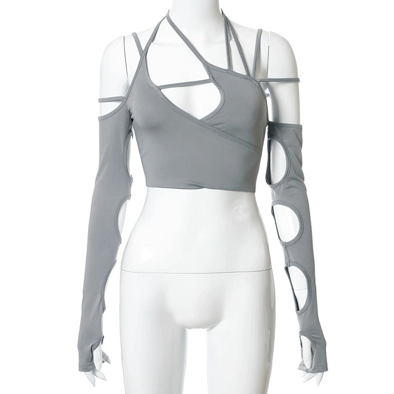 Stylish women's sexy cut-out long sleeve crop top in gray, featuring asymmetrical design and trendy cut-outs.