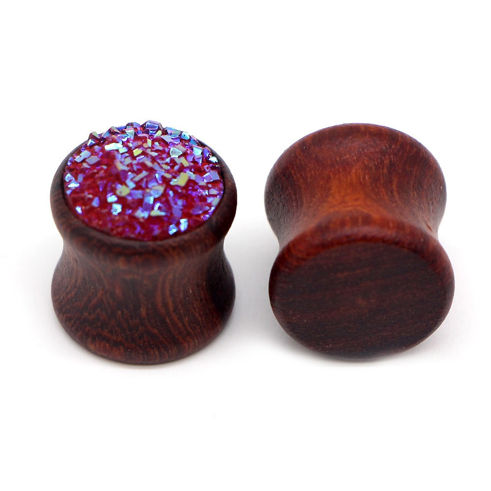 Bamboo wood ear plugs with rose red resin, stylish gauges for trendy Wiccan jewelry lovers.