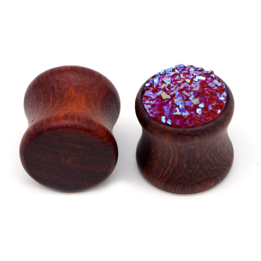 Bamboo wood ear plugs with rose red resin glitter, stylish Wiccan jewelry tunnel expander for trendy accessories.