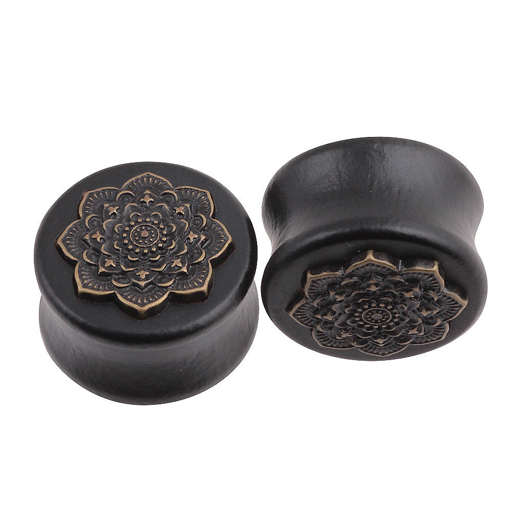Bamboo wood ear plugs with carved mandala design, ideal for fashion-forward rock accessories and earlobe stretching.