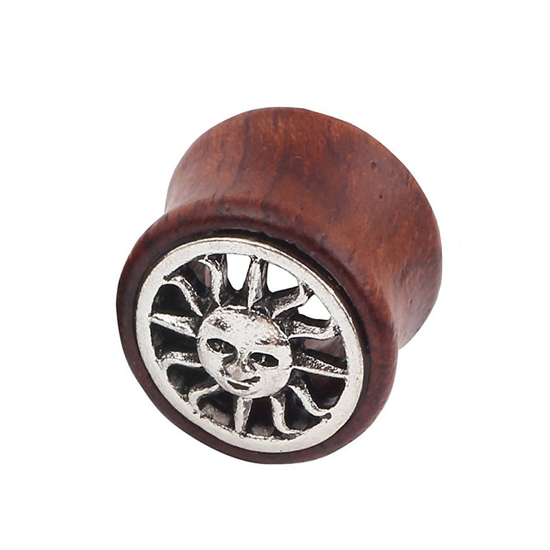 Bamboo wood ear plug with sun detail, perfect for trendy ear stretching and unique night out accessories.