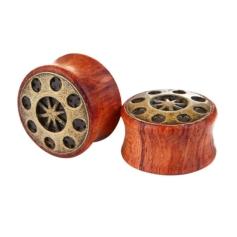 Wooden ear plugs with brass design, trendy body jewelry for earlobe stretching, unisex accessories.