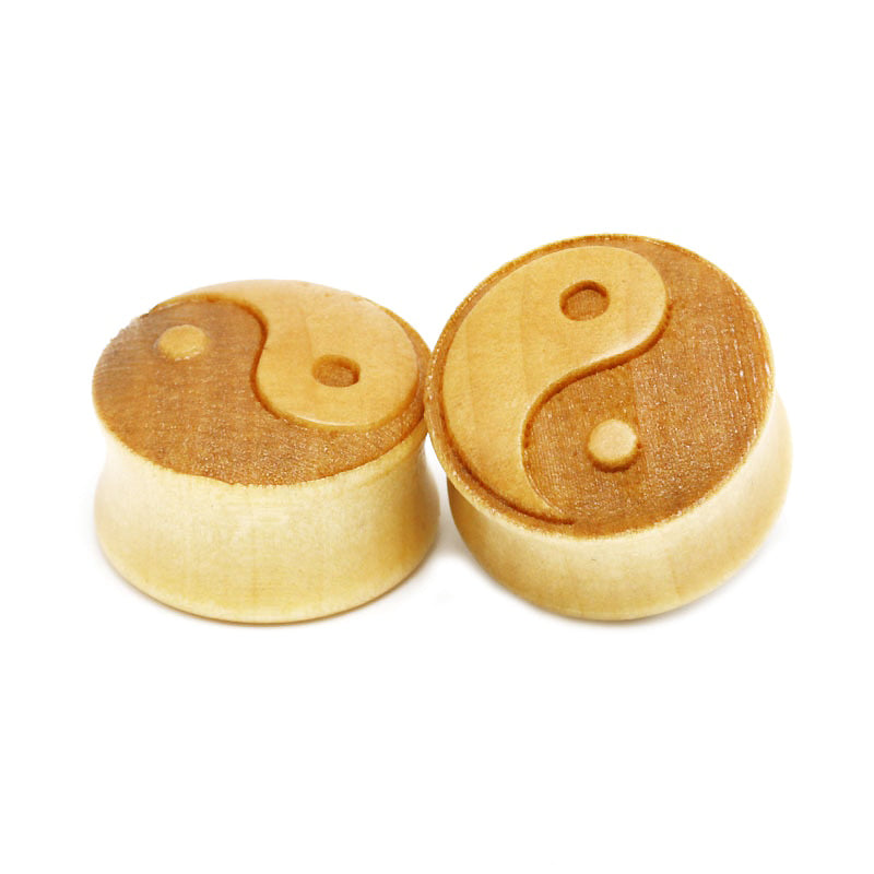 Yin-yang bamboo wood ear plugs gauges, stylish and comfortable expanders for unisex jewelry.