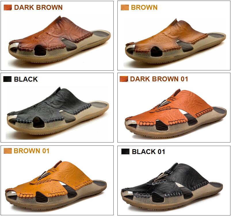 Variety of Rock Style leather non-slip slippers in dark brown, brown, black, and orange options for men.