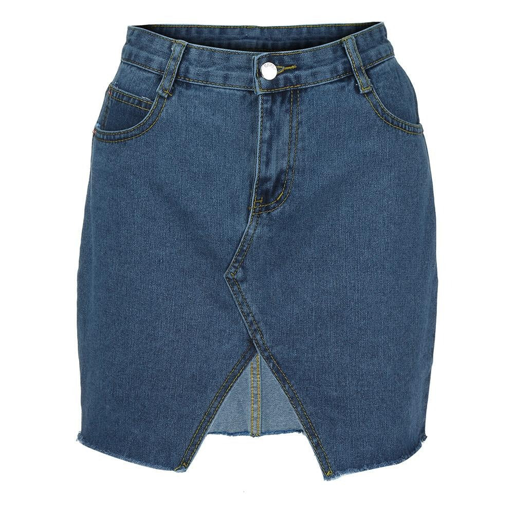 Grunge style high waist A-line mini skirt in blue denim with hollow out details and pockets for trendy outfits.