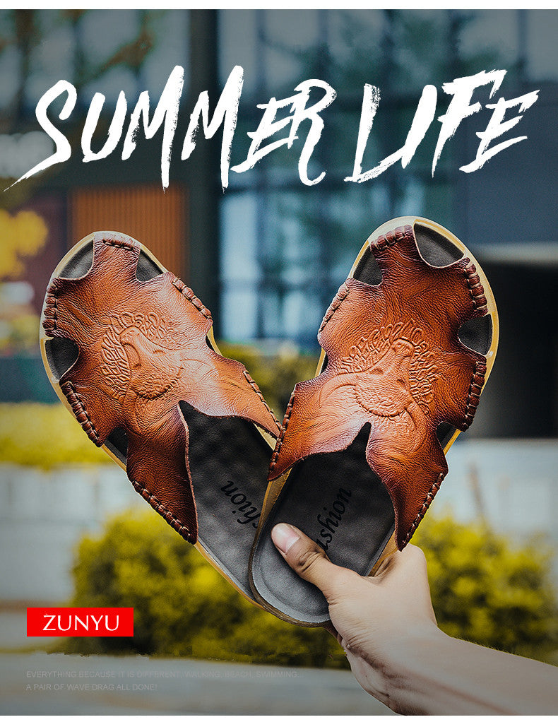 Rock style leather slippers for men, perfect for summer, featuring non-slip design and comfortable fit.