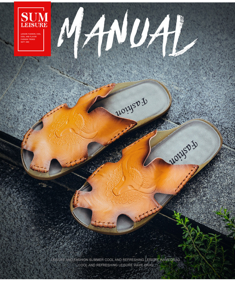 Rock style leather non-slip slippers in orange, perfect for summer and alternative fashion for men.