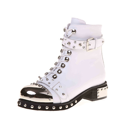White punk rock boots with rivets and chains, featuring a shiny toe cap and adjustable ankle strap.