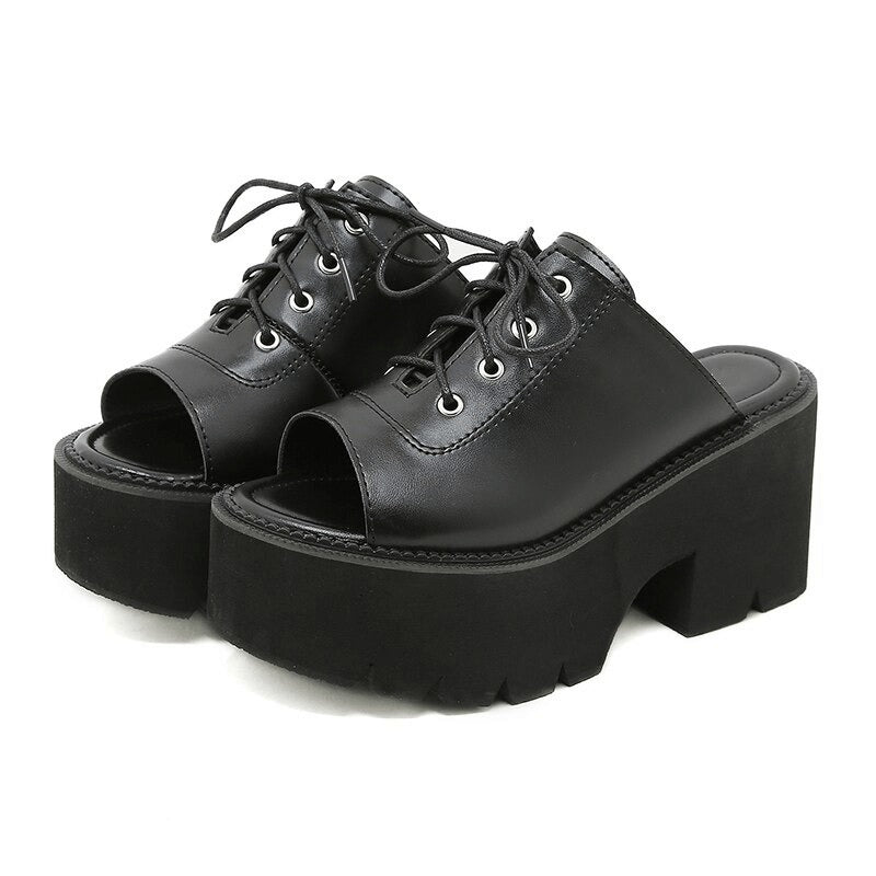 Stylish black open-toe mules sandals for women with platform soles and lace-up design, perfect for gothic fashion.