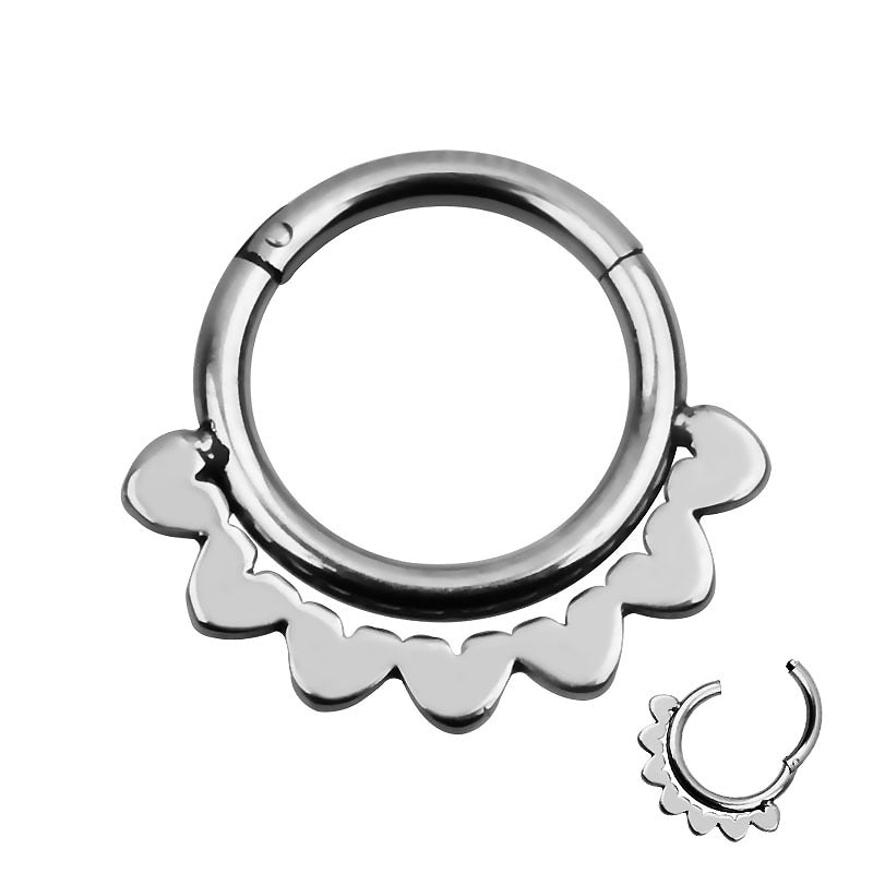 Stylish double-layered steel clicker nose hoop ring with decorative scalloped edge, perfect for rock fashion enthusiasts.