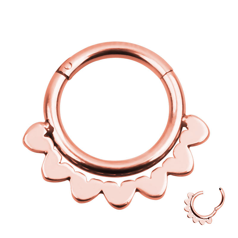 Rose gold double-layer hoop clicker ring with scalloped edge for unique nose or ear piercing.
