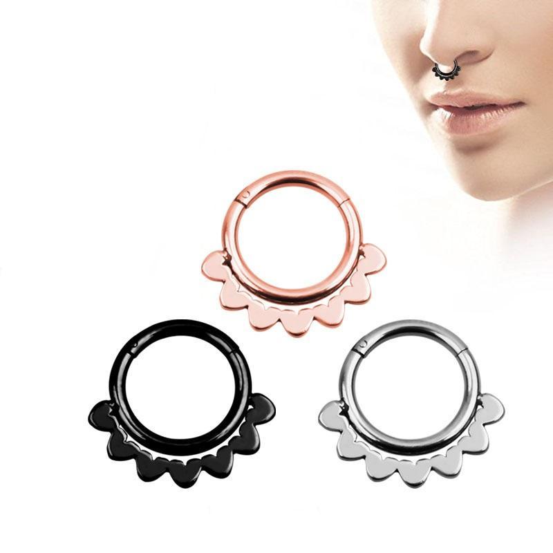 Double layers steel clicker nose hoop rings in black, rose gold, and silver, perfect for rock fashion enthusiasts.
