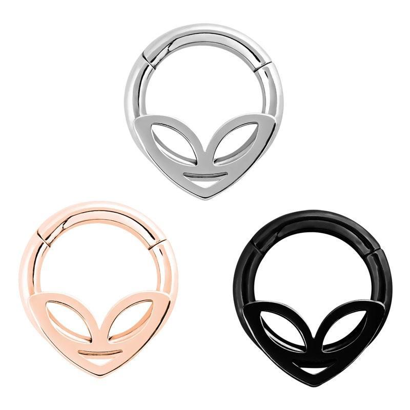 Trendy double-layered alien head hoop rings in silver, rose gold, and black for stylish nose and ear piercings.
