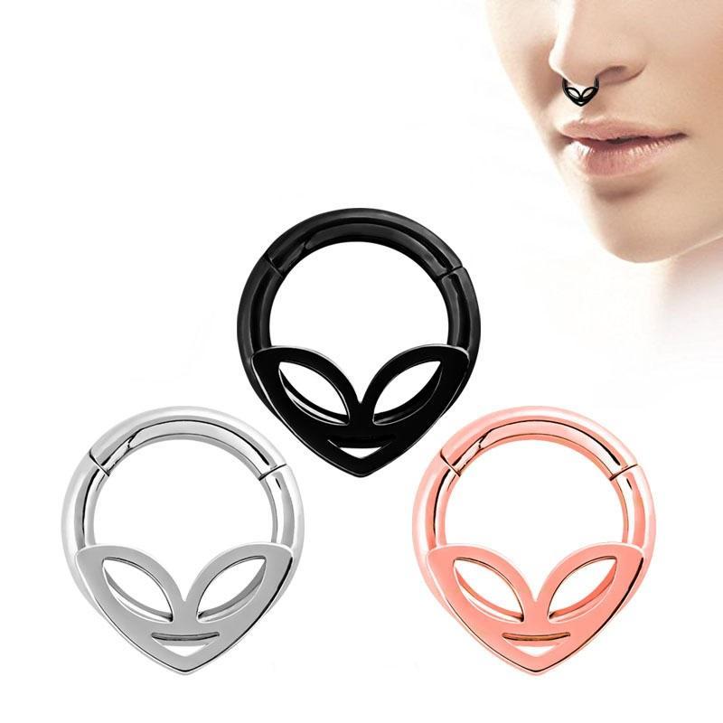 Stylish double layer alien head hoop nose rings in silver, black, and rose gold. Perfect for trendy nose piercings.