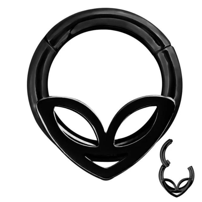Black double-layer alien head nose hoop ring for unique rock accessories, featuring a hinged design.