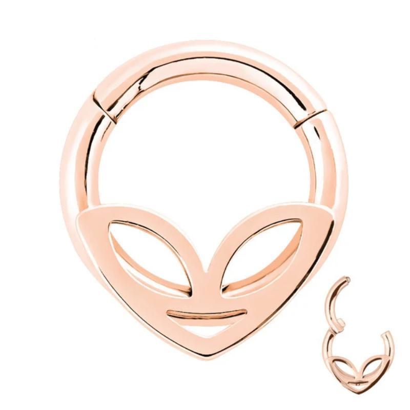 Double layers alien head nose hoop ring in rose gold, perfect for stylish unisex piercings.