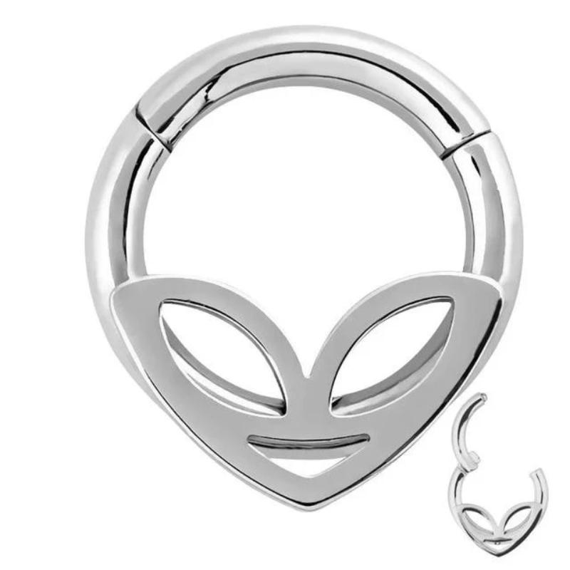 Trendy double layers alien head hoop nose ring in silver, perfect accessory for unique styles.