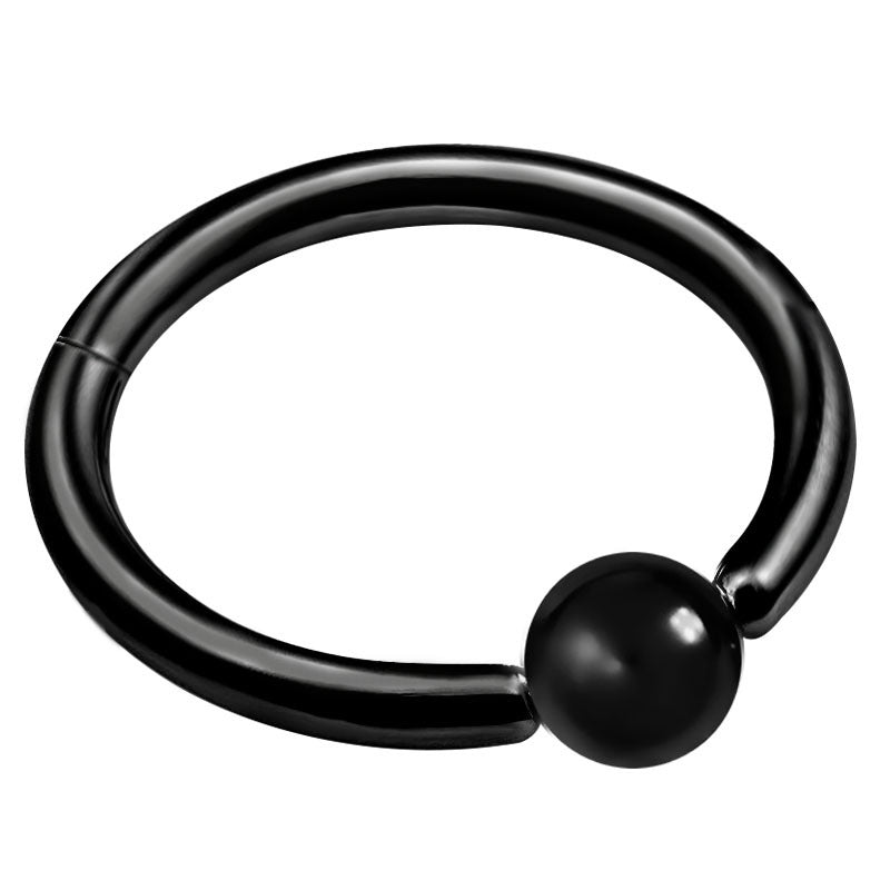 Black double layer steel clicker segment nose hoop ring with pearl detail for rock fashion aficionados.