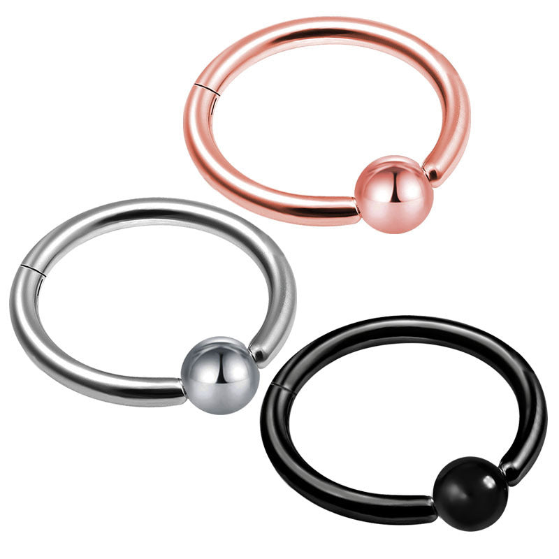 Stylish double layer steel clicker segment nose hoop rings in rose gold, silver, and black with pearl detail.