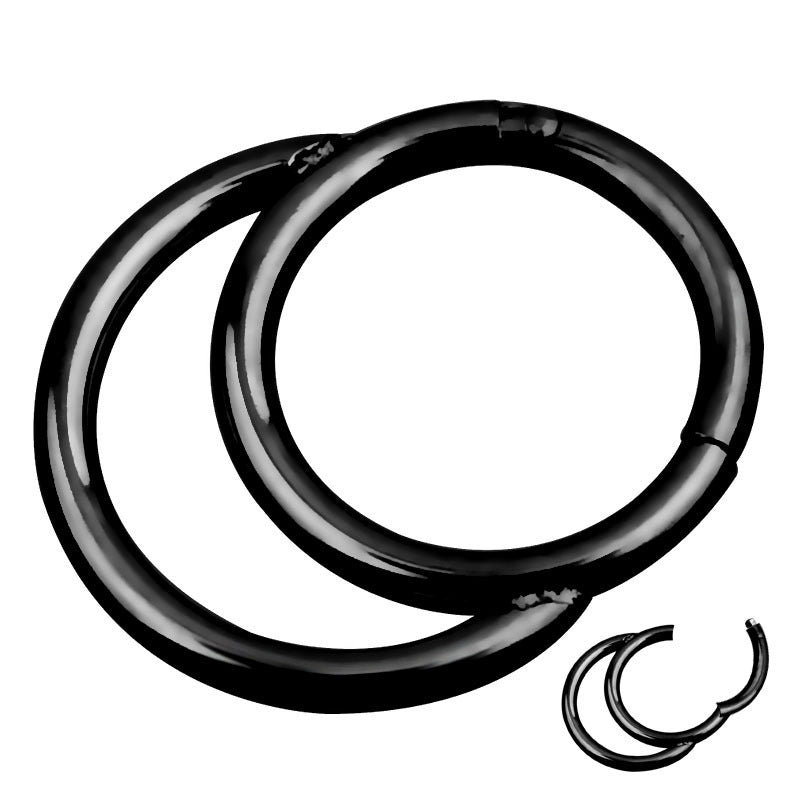 Double layers black steel nose hoop rings and segmented hinged ear piercings, trendy body jewelry for cool style.