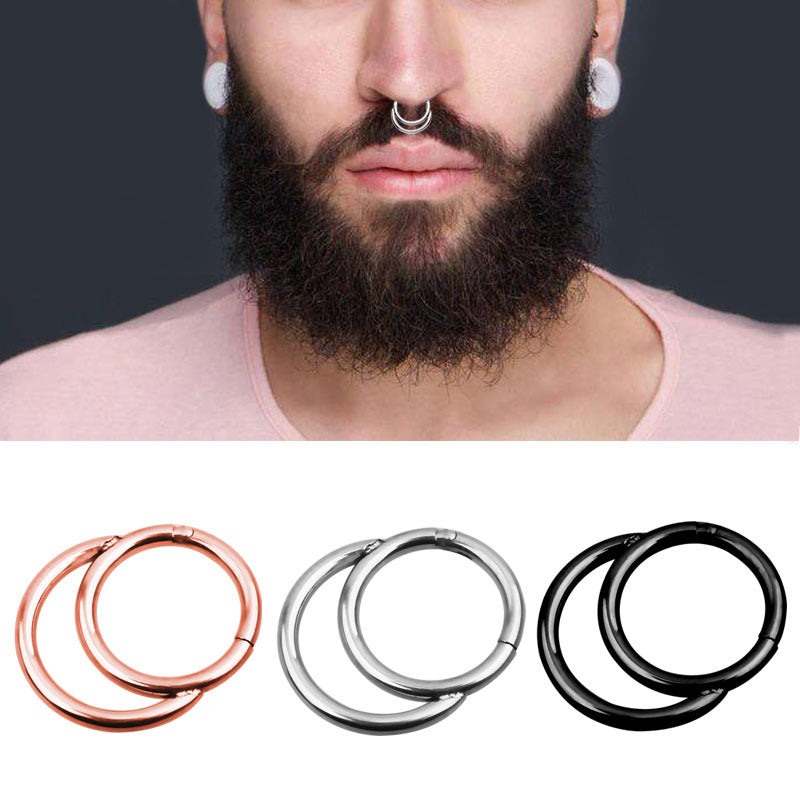 Unisex double layers steel nose hoop rings in rose gold, silver, and black against a model with beard.