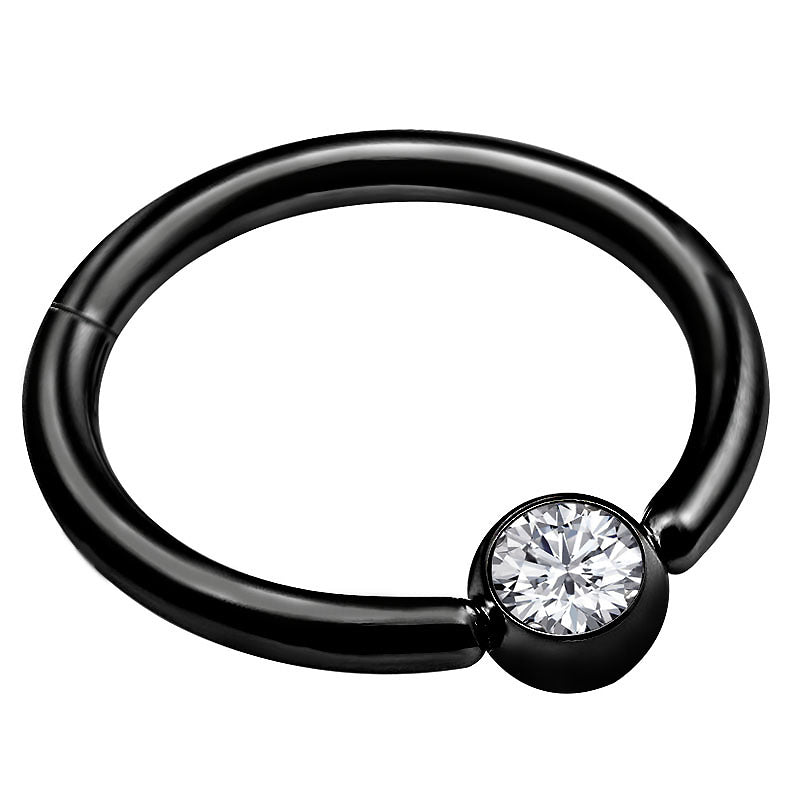 Black double layer hoop nose ring with crystal, perfect for unisex rock fashion and piercings.