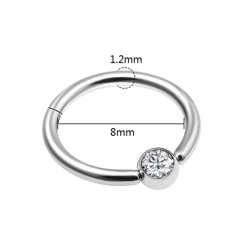 Double layers stainless steel nose hoop ring with crystal, dimensions 1.2mm thickness and 8mm diameter, unisex rock accessory.