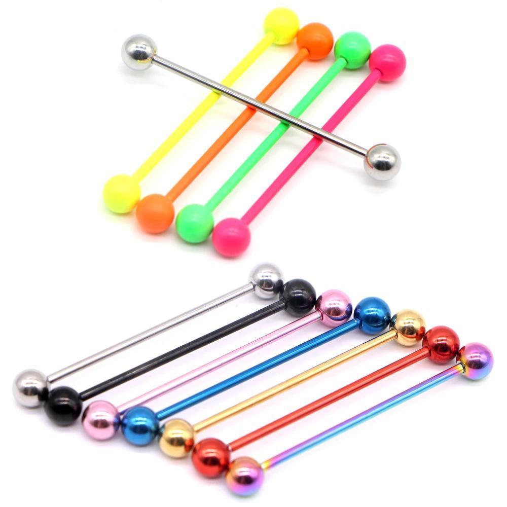 Colorful stainless steel industrial piercing barbells in various hues, showcasing punk rock style and versatility for ear jewelry.