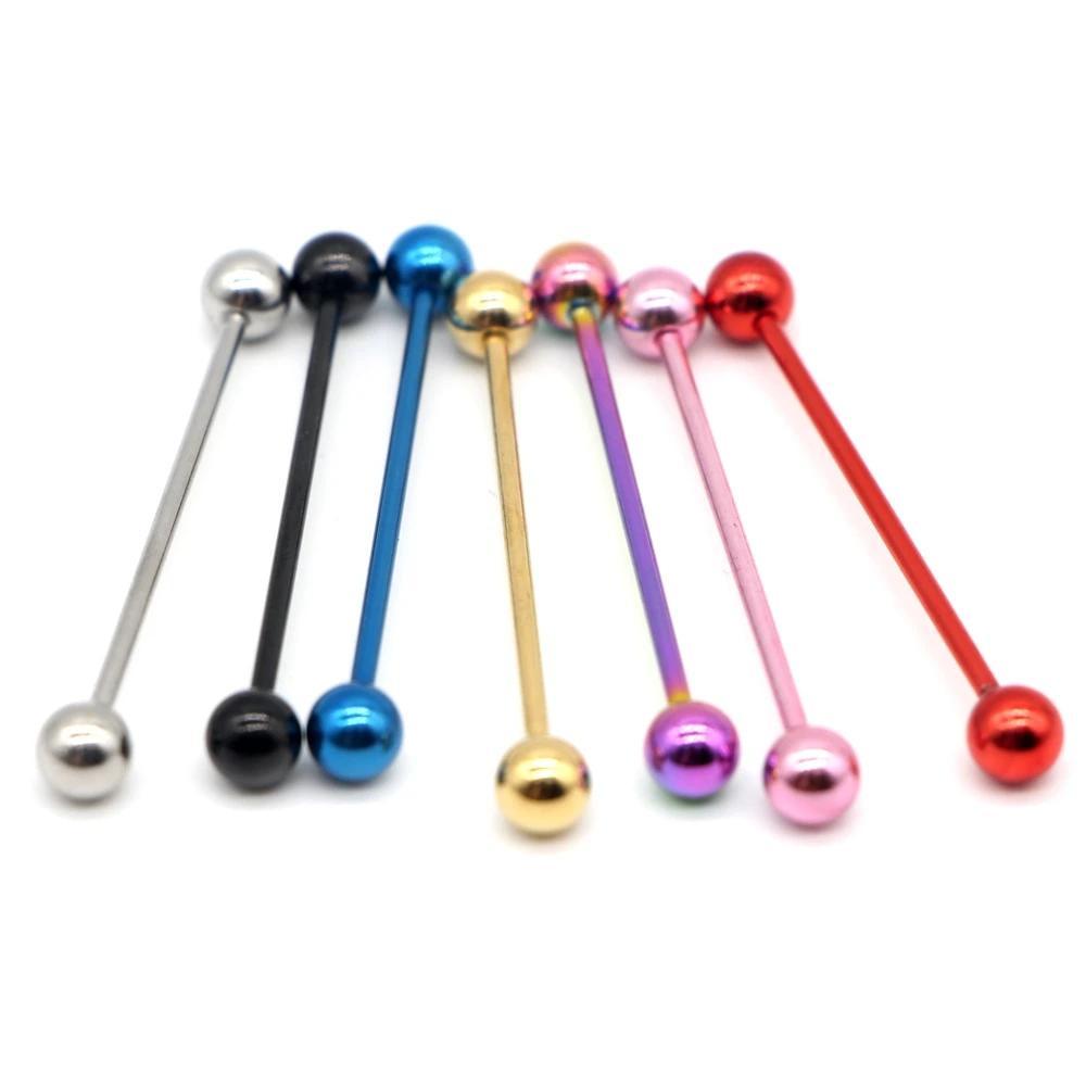 Colorful stainless steel industrial piercing barbells in multiple shades including silver, black, blue, and pink.