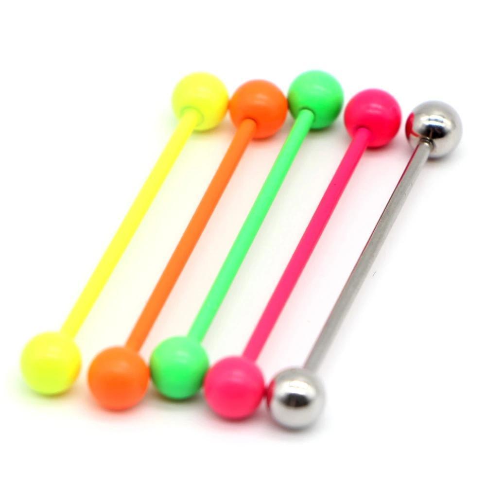 Colorful stainless steel piercing barbells with vibrant ends, perfect for industrial ear piercings and punk style accessories.