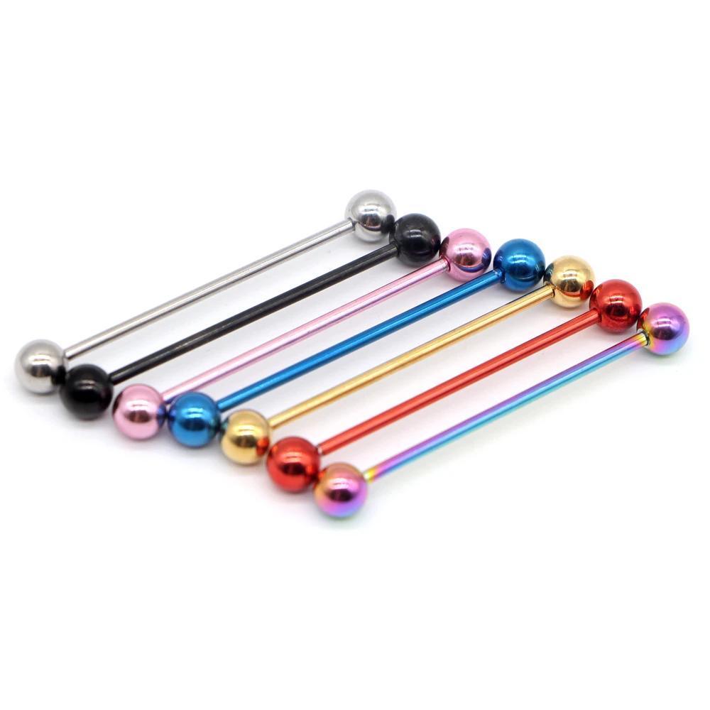 Colorful long stainless steel industrial earrings in various shades, perfect for punk rock style and ear cartilage jewelry.