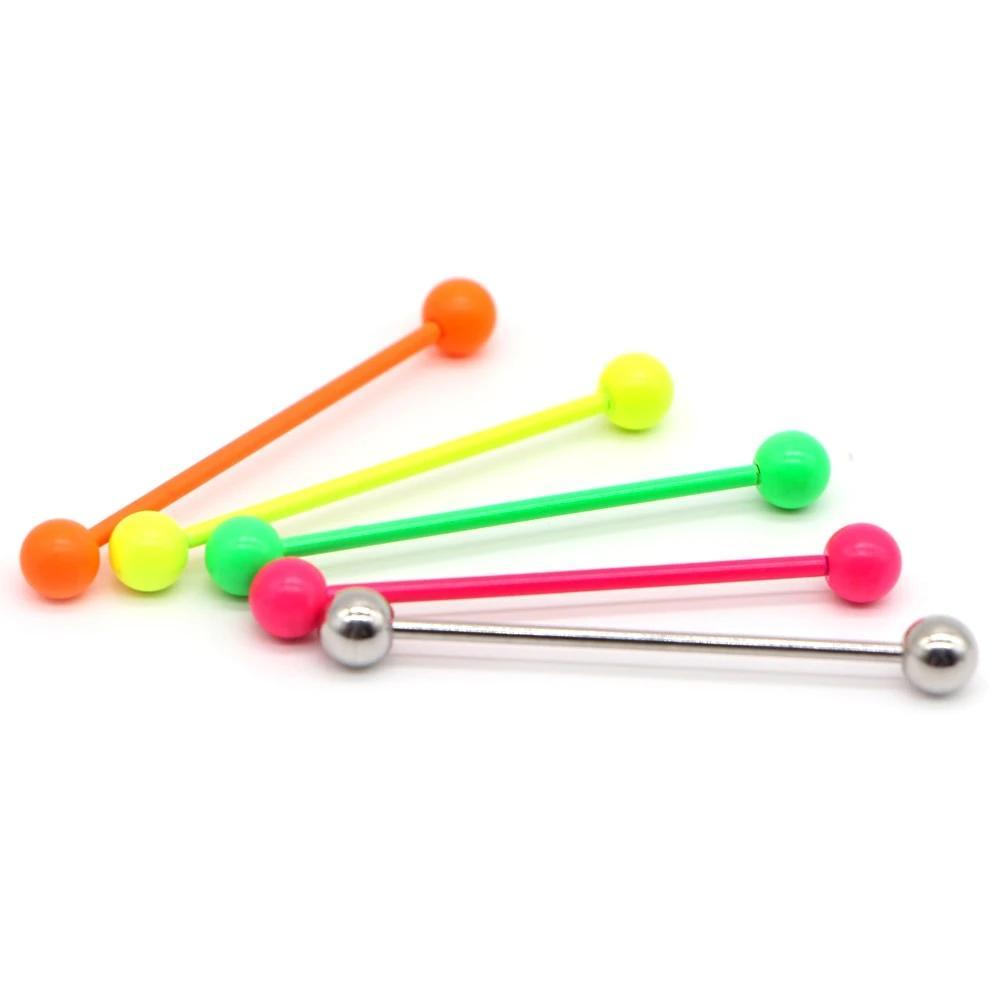 Colorful set of neon industrial piercing barbells in various colors, including orange, green, pink, and classic silver.