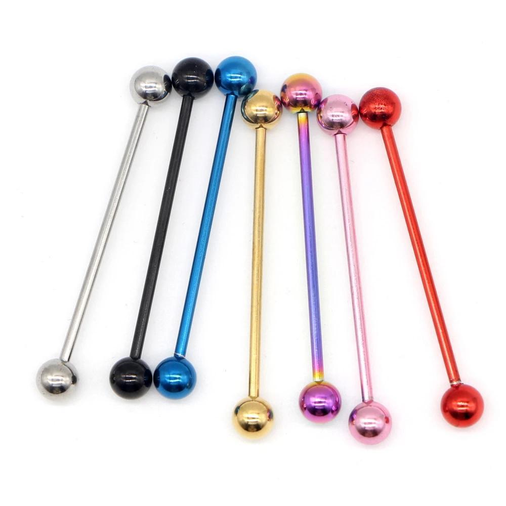 Colorful long stainless steel industrial piercings in various shades on a white background, perfect for punk rock style.