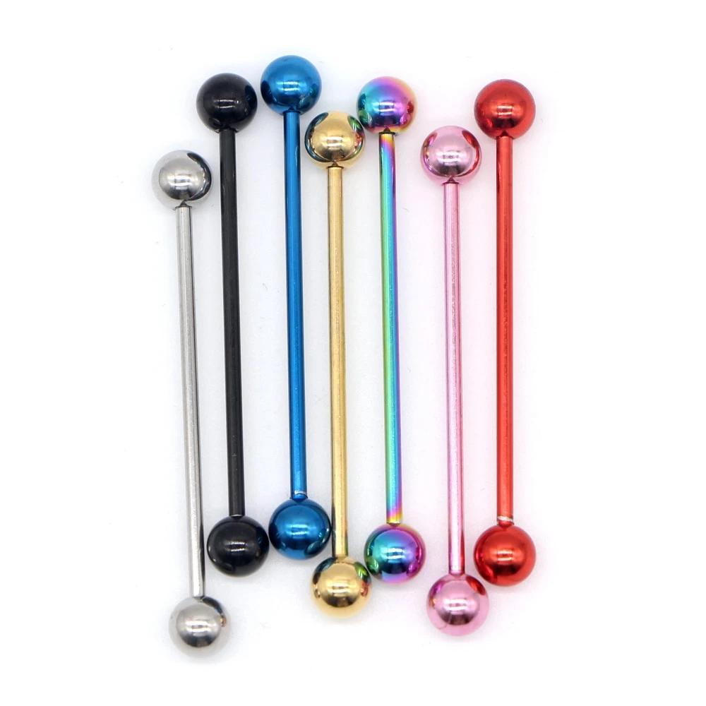 Colorful stainless steel industrial piercing barbells in various shades for punk ear cartilage jewelry.