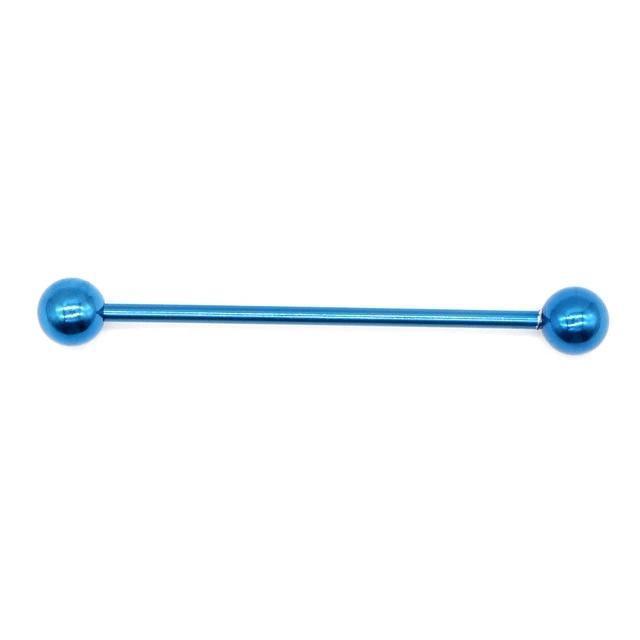 Long blue stainless steel industrial earring barbell with round ends, perfect for punk rock style.