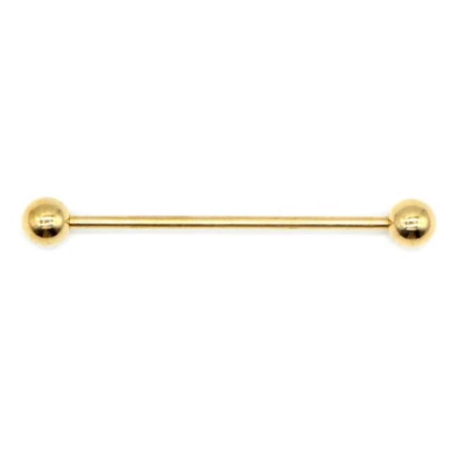 Long gold straight barbell earring with rounded ends, ideal for industrial or cartilage piercings.