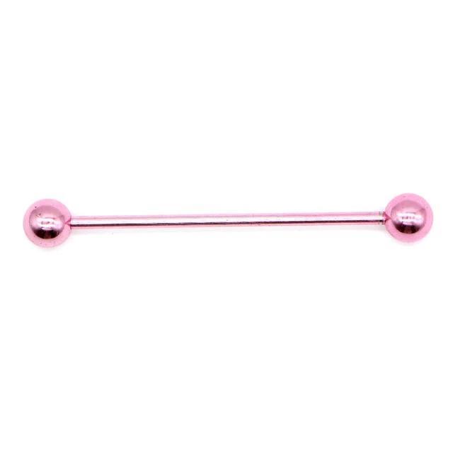 Pink stainless steel industrial piercing barbell with spherical ends, perfect for edgy ear cartilage jewelry.