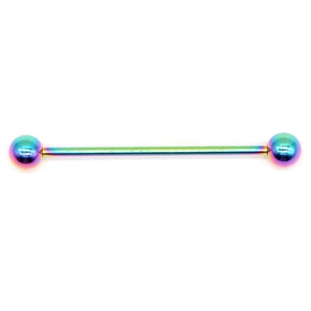 Colorful stainless steel industrial barbell earring with ball ends, perfect for punk rock style and cartilage piercings.