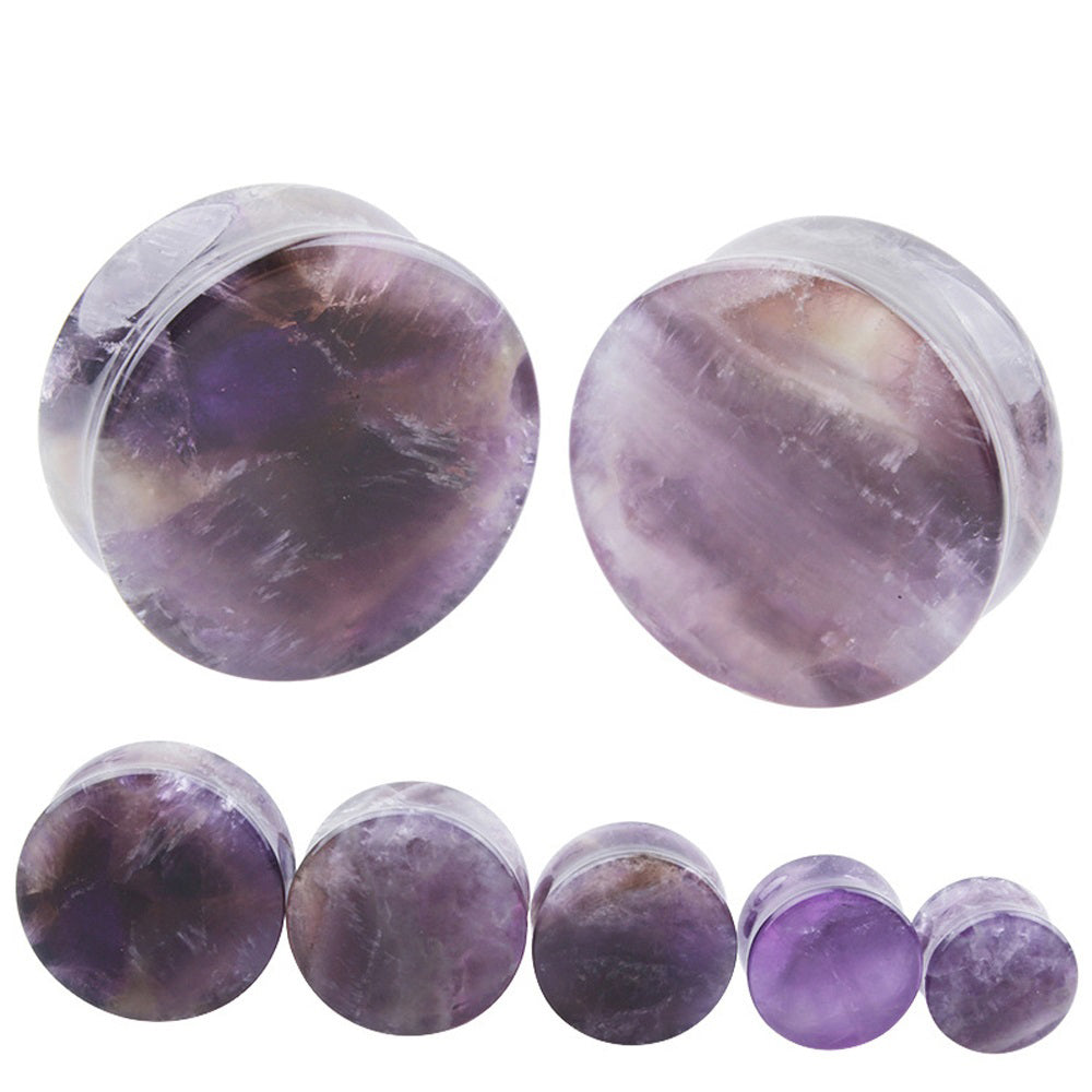 Set of amethyst stone ear plugs gauges in various sizes, perfect for body jewelry enthusiasts.