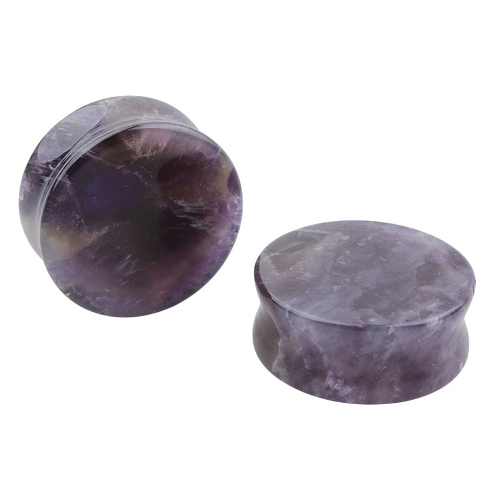Amethyst stone ear plugs gauges, stylish body jewelry for stretching piercings, available in various sizes.