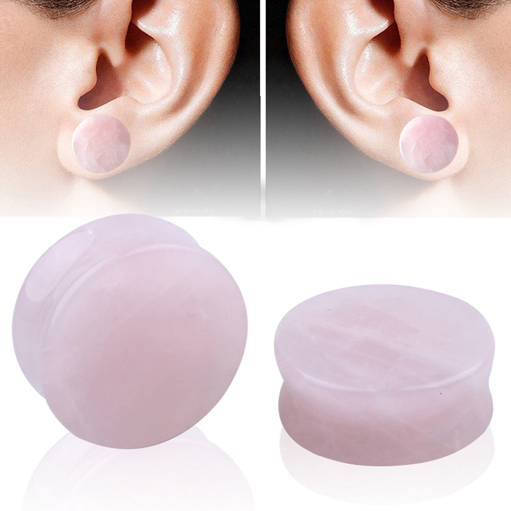 Rose quartz stone ear plugs for body jewelry, stylish flesh tunnel piercings, comfortable and trendy accessories.