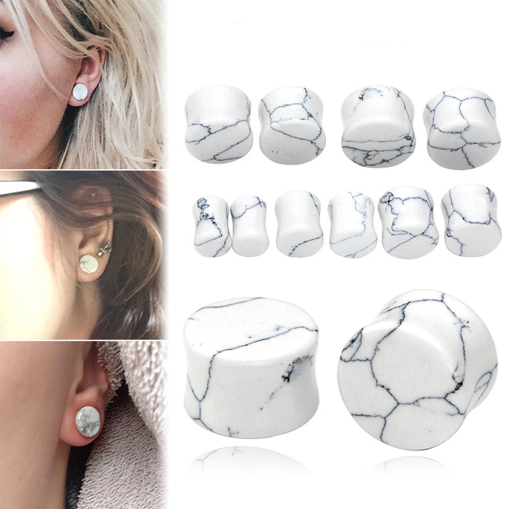 White turquoise stone ear plugs and gauges earrings for ear stretching, trendy body jewelry for all sizes.