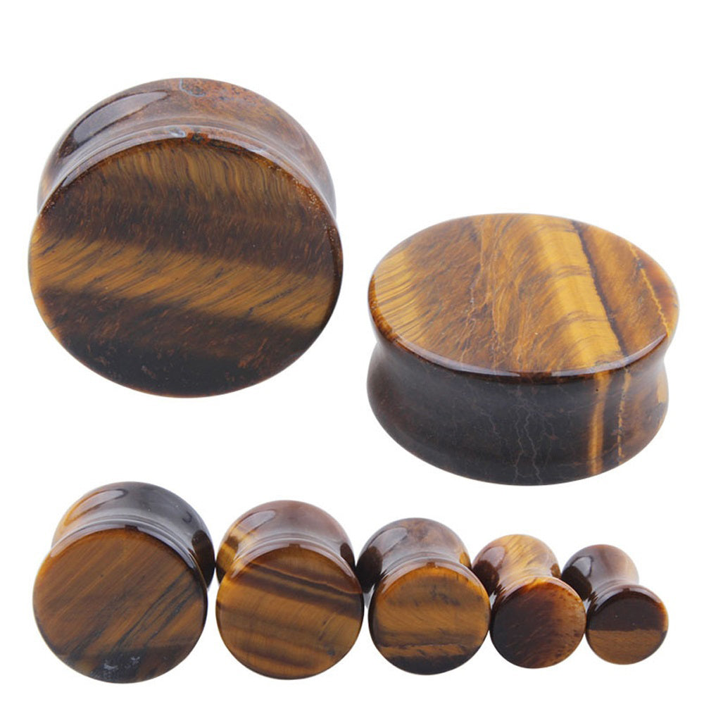 Yellow Tigerite stone ear plugs in various sizes, perfect for rock style body jewelry and piercings.