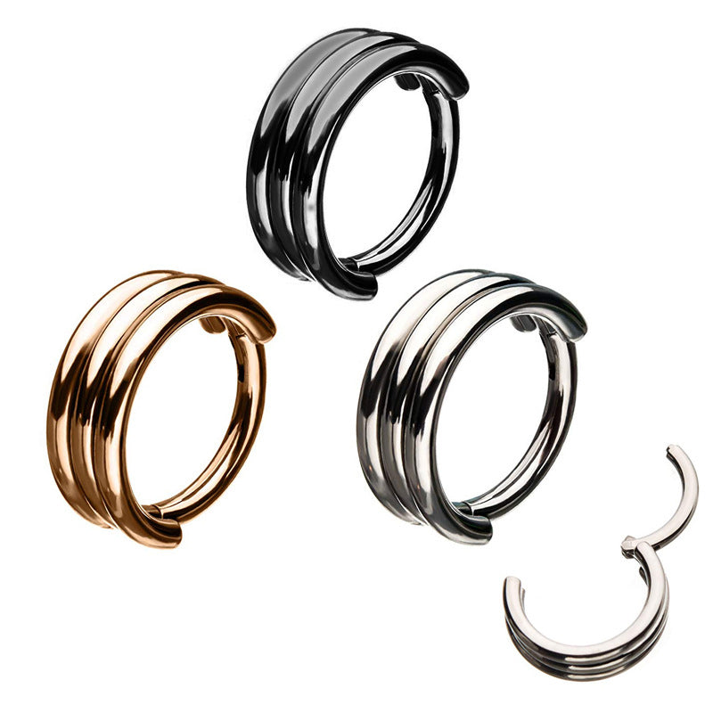 Triple layers steel clicker segment nose hoops in black, silver, and gold. Stylish ear and nose piercing jewelry.