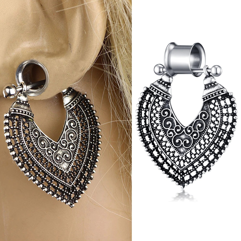 2 PC Elegant Vintage Gothic Style Tunnels With Hearts / Women's Aesthetic Stainless Steel Jewelry - HARD'N'HEAVY