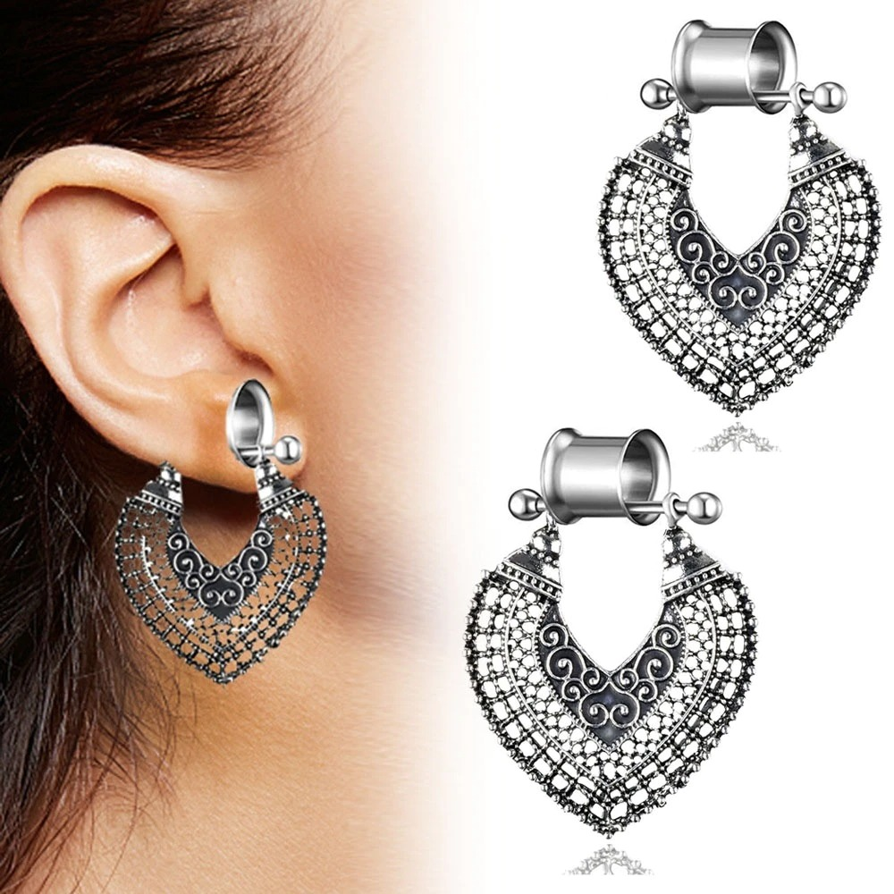 2 PC Elegant Vintage Gothic Style Tunnels With Hearts / Women's Aesthetic Stainless Steel Jewelry - HARD'N'HEAVY