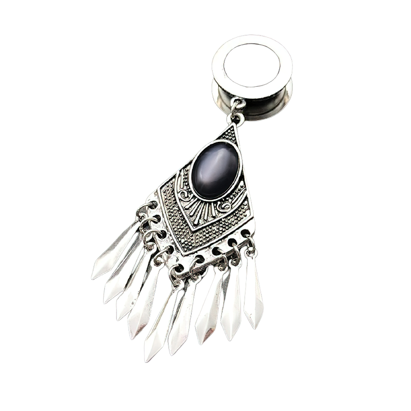 Elegant stainless steel vintage ear reamer with decorative black stone and hanging metal tassels.