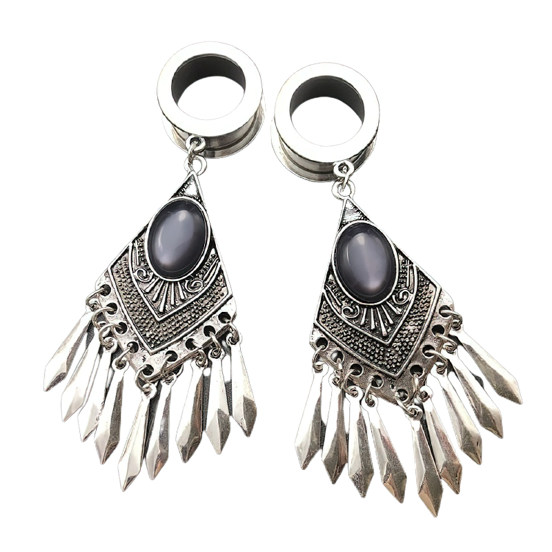 Elegant vintage stainless steel earrings with black stone and tassel design for a gothic aesthetic.